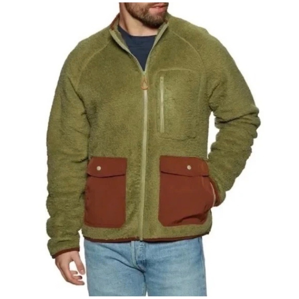 Outerknown Mens Skyline Sherpa Jacket Sz Medium Military Olive Front Zip